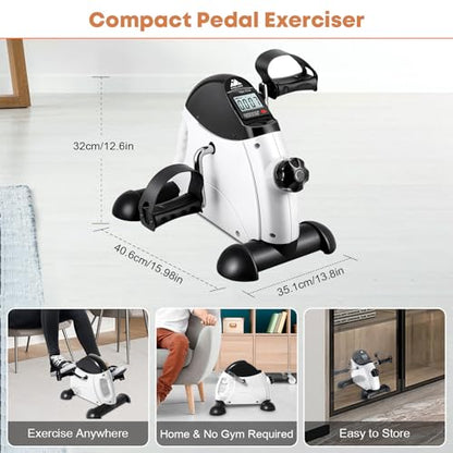 Mini Exercise Bike, AGM Under Desk Bike Pedal Exerciser Foot Cycle Arm & Leg Pedal Exerciser with LCD Screen Displays - color: White