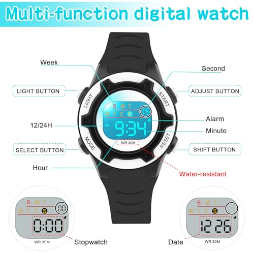 DTKID Digital Kids Watch 30 M Waterproof for Girls Boys 5-16 - color: Black-White