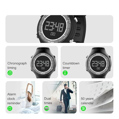 EZON Digital Watch with Stopwatch Countdown Timer Alarm EL Backlight,Ultra-Thin Large Display 5ATM Waterproof Digital Wrist Watches for Men Women - color: White-on-black
