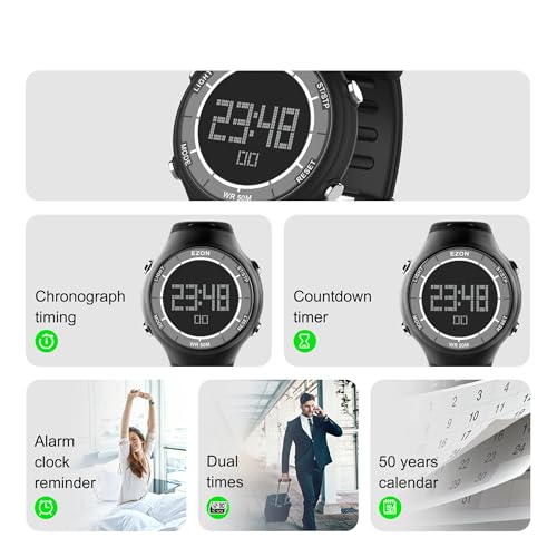 EZON Digital Watch with Stopwatch Countdown Timer Alarm EL Backlight,Ultra-Thin Large Display 5ATM Waterproof Digital Wrist Watches for Men Women - color: White-on-black