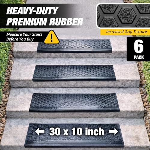 Rubber Stair Treads Outdoor 30" x 10" 6-Pack - Heavy-Duty Non-Slip Rubber - size: 30" x 10" x 6P