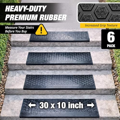 Rubber Stair Treads Outdoor 30" x 10" 6-Pack - Heavy-Duty Non-Slip Rubber - size: 30" x 10" x 6P