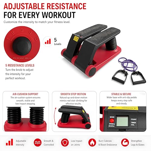 Air Stepper Machine with Resistance Bands - color: Red / Black