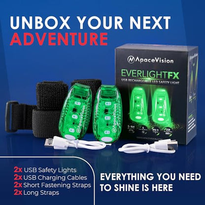EverLightFX USB Rechargeable LED Safety Light (2 Pack) by Apace - Super Bright Bike Tail Light Works Brilliantly as Running Light for Joggers, Pets, Bicycle Strobe or Rear Clip On Lights - color: Green