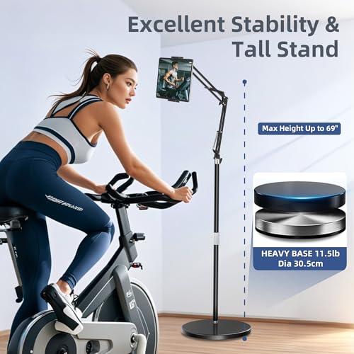 Tablet Floor Stand with 12lb Stable Base Overhead Bed Ipad Phone Holder Mount with Adjustable Height Stretchable Arm for 4.5-13in iPad Pro Air Mini 12.9/9.7, Kindle, Galaxy Tab, CellPhones