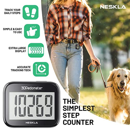 NESKLA 3D Pedometer, Simple Step Counter with Large LCD Display for Walking - color: Black