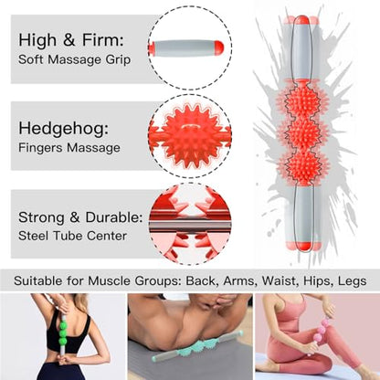 Fascia Muscle Roller, Cellulite Massager Fascia Roller for Cellulite and Sore Muscles, Neck, Leg, Back, Pressure Trigger Point Body Roller Deep Tissue Massage Stick Tools - 3 Massage Balls | Red - color: Tangerine