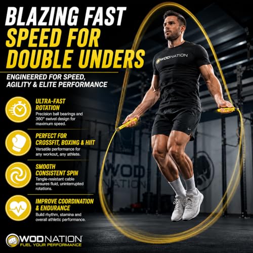 WOD Nation Adjustable Speed Jump Rope For Men, Women & Children - Blazing Fast Fitness Skipping Rope Perfect for Boxing, MMA, Endurance - color: Yellow