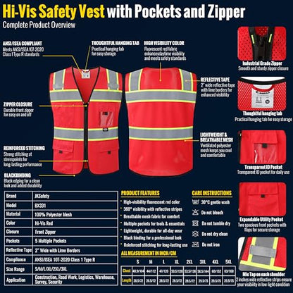 JKSafety Safety Vest for Men Women Hi Vis Relfective Vest with Pockets High Visibility Meet ANSI Standard - color: 331-red, size: Medium
