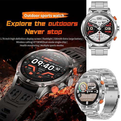 1.7" AMOLED Smart Watch for Men (Make/Answer Call), Mens Smartwatches with Flashlight, 710mAh Battery，Fitness Tracker Smartwatch for Android iPhones, Digital Watches Step Counter, 2 Straps (Silver) - color: Silver