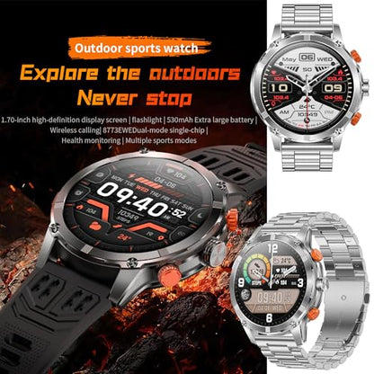 1.7" AMOLED Smart Watch for Men (Make/Answer Call), Mens Smartwatches with Flashlight, 710mAh Battery，Fitness Tracker Smartwatch for Android iPhones, Digital Watches Step Counter, 2 Straps (Silver) - color: Silver
