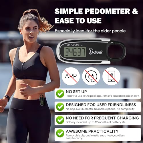 3D Pedometer for Walking with Removable Clip and Carabiner Simple Step Counter for Walking Accurate Clip On Step Tracker for Men Women Kids - color: Black