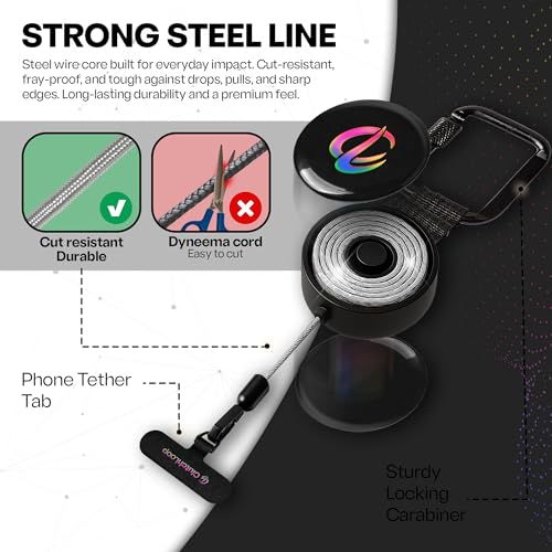 ClutchLoop Retractable Anti-Theft Phone Tether Lanyard Locking Carabiner - color: Black