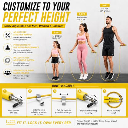 WOD Nation Adjustable Speed Jump Rope For Men, Women & Children - Blazing Fast Fitness Skipping Rope Perfect for Boxing, MMA, Endurance - color: Yellow