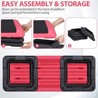 ZenStyle 43" Adjustable Aerobic Stepper Bench with 4/6/8 Inch Risers, Non-Slip Surface for Cardio, Strength Training & Home Fitness Workout - color: Rose Pink