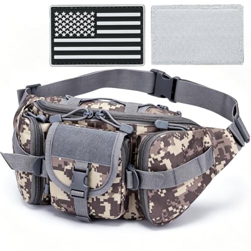 Tactical Fanny Pack, Large Military Waist Bag with 5 Zipper Pockets, Crossbody Fanny Packs Bumbag with U.S Patch, Hiking Belt Bag, Walking Outdoor Fishing Hip Pack for Women Men - ACU Camo - color: ACU Camo