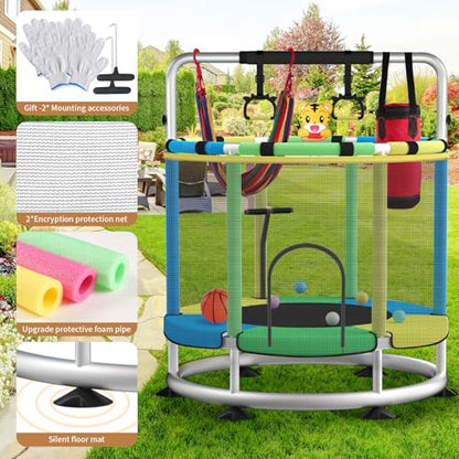 Trampoline for Kids, Adjustable Baby Toddler Trampoline with Basketball Hoop, Round Bottom Indoor Outdoor Toddler with Enclosure - color: light blue green