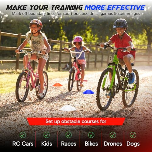 Pro Disc Cones (Set of 50) - Agility Soccer Cones with Carry Bag and Holder for Sports Training, Football, Basketball, Coaching, Practice Equipment, Kids - Includes 15 Best Cone Drills Book - color: Bright Orange