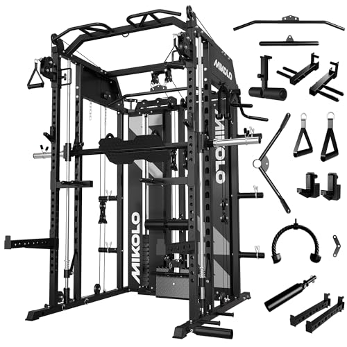 Mikolo Smith Machine with Weight Stack, Power Cage Home Gym System with LAT Pulldown & Cable Crossover, Multi-Functional Trainer with Dual Pulley System, Includes 10+ Free Attachments - color: Black