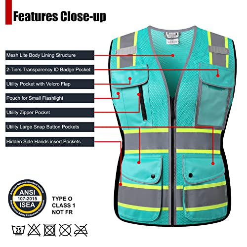 High Visibility Reflection Peacock Mesh Safety Vests with 9 Pockets and Front Zipper, hi vis safety vest for Women, Meets ANSI/ISEA Standards(Peacock-16,S) - color: Peacock, size: Small