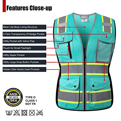 High Visibility Reflection Peacock Mesh Safety Vests with 9 Pockets and Front Zipper, hi vis safety vest for Women, Meets ANSI/ISEA Standards(Peacock-16,S) - color: Peacock, size: Small