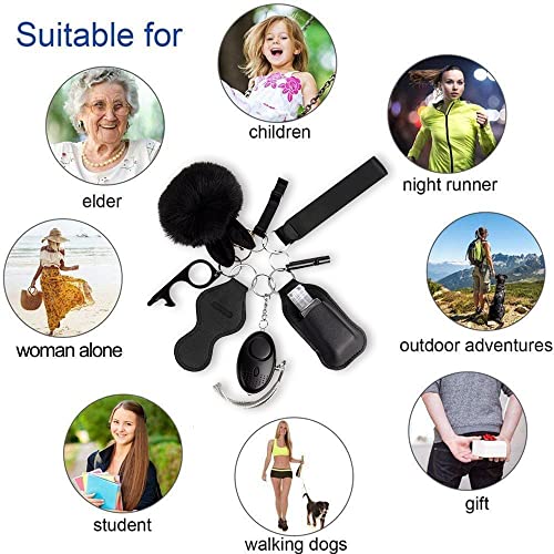 Safety Keychain for Women, Safety Keychain Set with Personal Alarm, 9 Pcs Protective Accessories for Women - color: Black