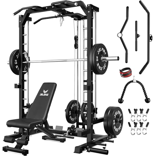 JELENS SR01 Smith Machine, 2000LBS Multi-Function Power Cage with LAT Pulldown System, All-in-One Home Gym Squat Rack with Smith Bar and Training Attachments for Full Body Workouts - color: Black, size: 260LB Black Weights Package