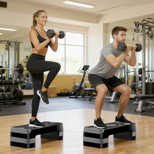 Non-Slip 27 Inch Aerobic Exercise Step Platform 4"-6"-8" Height Adjustable Risers for Home Gym Cardio Training Fitness Workout Stepper Trainer - color: Grey