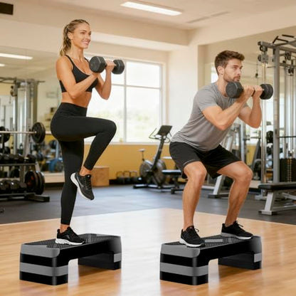 Non-Slip 27 Inch Aerobic Exercise Step Platform 4"-6"-8" Height Adjustable Risers for Home Gym Cardio Training Fitness Workout Stepper Trainer - color: Grey