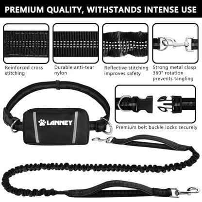 Hands Free Dog Leash, Waist Running Leash with Zipper, Walking Pouch for Medium Large Dogs, Dual Handle and Retractable Bungee for Training Jogging Hiking - color: Black/Black