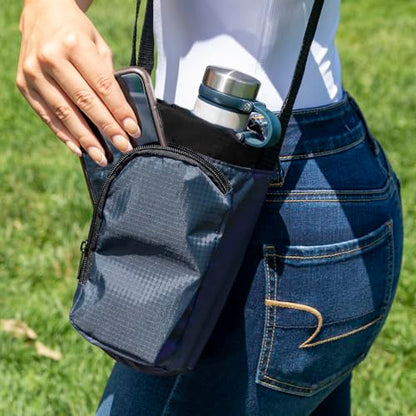 Trail maker Water Bottle Carrier Bag with Strap, Phone Pocket for Walking, Runs, Bike, Stainless Steel, Glass, Plastic - color: Navy