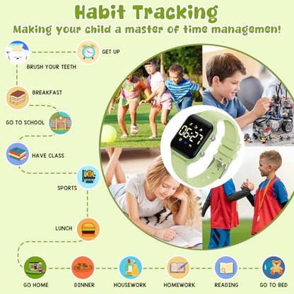 Kids Digital Watches for Boys Girls, Sports Watch with Fitness Tracker, Pedometer, Alarm Clocks, Stopwatch, No App Needed Waterproof Kids Watch, Gift for Teens Student Girls Boys Ages 5-14 - color: L6615E-GrayishGreen