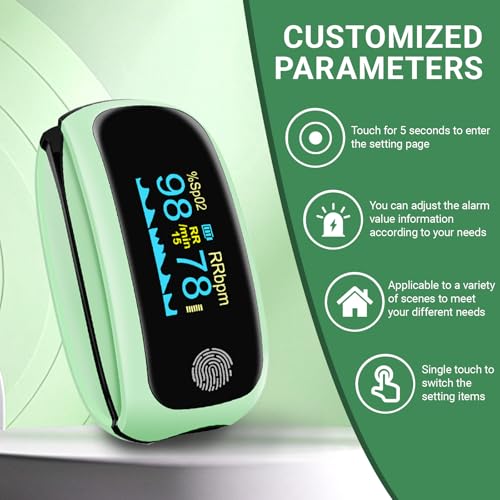 Fingertip Pulse Oximeter, Finger-Touch Fast SpO2 Reading Accurate Pulse Oximeter Green with Alarm for Adults Blood Oxygen Saturation Monitor with Silicone Cover