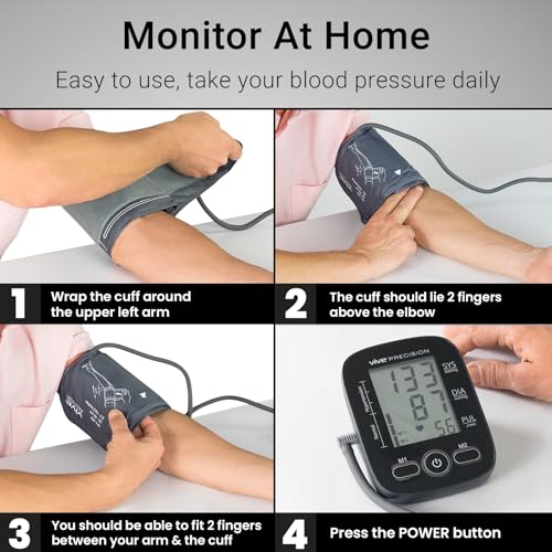 Vive Precision Automatic Blood Pressure Machine - Upper Arm Digital Pulse BP Monitor- Accurate Heart Rate Sensor for Home Use - Portable BPM with Large LCD Display - Heartbeat Monitoring System Kit