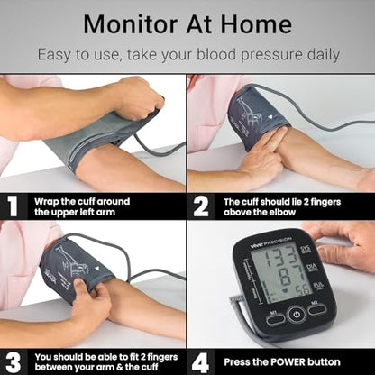 Vive Precision Automatic Blood Pressure Machine - Upper Arm Digital Pulse BP Monitor- Accurate Heart Rate Sensor for Home Use - Portable BPM with Large LCD Display - Heartbeat Monitoring System Kit