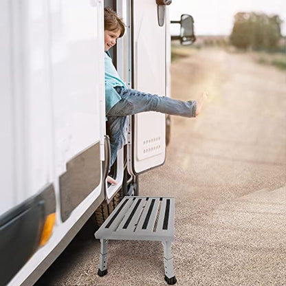 Adjustable RV Step Stool, Wide Platform, Foldable Legs, Silver - color: Silver