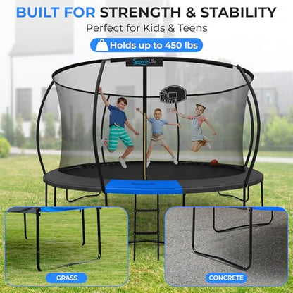 SereneLife Trampoline Outdoor 10FT 12FT 14FT with Enclosure Net, Ladder and Anti-Rust Coating - ASTM Approved Recreational Trampolines - Heavy Duty Yard Trampolines for Kids and Adults - style: 14FT CURVED