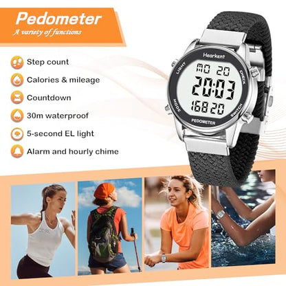 Hearkent Pedometer Watch,Step,Mileage&Calorie Tracker,Large Numbers - color: Black