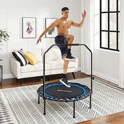 SONGMICS 40 Inches Mini Fitness Trampoline, Fitness Rebounder with Adjustable Handrail, Foldable Trampoline for At-Home Workout, Max. Load 264.6 lb - color: Blue + Black