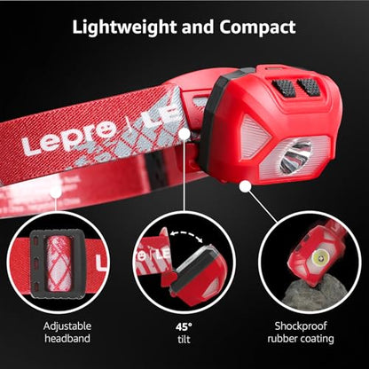 Lepro Headlamp Battery Powered Waterproof LED Headlight 2 Pack - Red - color: Red-2 Pack
