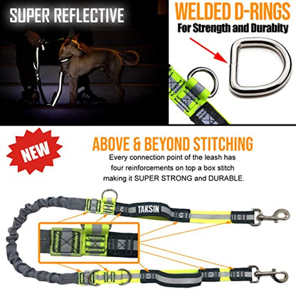TAKSIN The Ultimate Hands Free Two Dogs Double Leash System for Walking Running Hiking Training, Reflective Bungee Leash, Treat Holder, Poop Bag Dispenser Small Medium Large Dogs (Yellow Deluxe Pack) - color: Yellow, size: Two Dogs