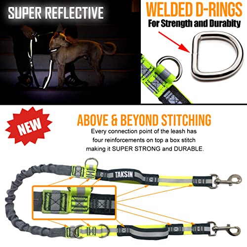 TAKSIN The Ultimate Hands Free Two Dogs Double Leash System for Walking Running Hiking Training, Reflective Bungee Leash, Treat Holder, Poop Bag Dispenser Small Medium Large Dogs (Grey Deluxe Pack) - color: Grey, size: Two Dogs