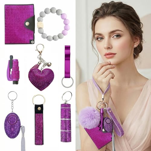 Personal Safety Keychain Set for Women, Self Defense Kit with 130DB Alarm, Wristlet, Emergency Tools - color: Purple
