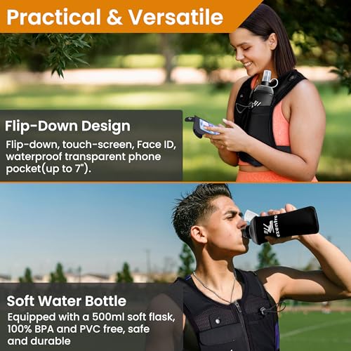 Running Vest Zip, Reflective Running Vests with 6 Pockets, 500ml Hydration Bottle, Adjustable Chest & Waistband, Breathable Material, Chest Pack Gear, Phone Holder, Men & Women