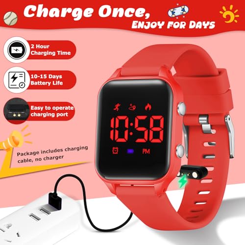 Kids Digital Watches for Boys Girls, Sports Watch with Fitness Tracker, Pedometer, Alarm Clocks, Stopwatch, No App Needed Waterproof Kids Watch, Gift for Teens Student Girls Boys Ages 5-14 - color: Red