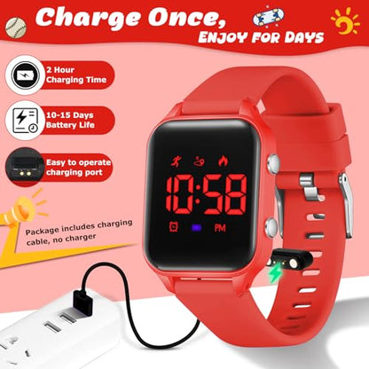 Kids Digital Watches for Boys Girls, Sports Watch with Fitness Tracker, Pedometer, Alarm Clocks, Stopwatch, No App Needed Waterproof Kids Watch, Gift for Teens Student Girls Boys Ages 5-14 - color: Red