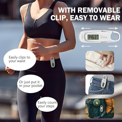 3D Pedometer for Walking with Removable Clip and Carabiner Simple Step Counter for Walking Accurate Clip On Step Tracker for Men Women Kids - color: White