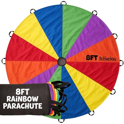 Activejoy - Parachute for Kids - 8ft /12ft / 16ft / 20ft / 24 ft / 30ft - Rainbow Parachute Toy with Handles - Great for Gym Class, Field Day & Outdoor Games - size: 8FT - 8 HANDLES