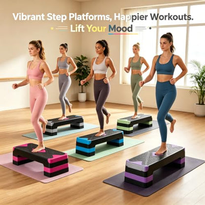 Aerobic Exercise Step Platform, 28-Inch Workout Aerobic Stepper, Height Adjustable Fitness Training Step Deck Trainer with 4 Risers, Non-Slip Surface Bench for Home Gym Cardio Strength 29" x 11.5" x 4" - color: Black-Red