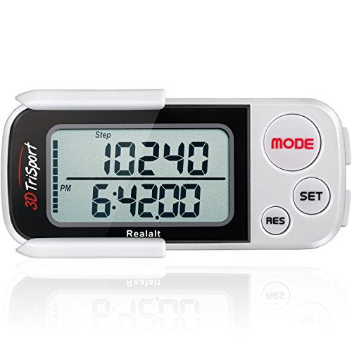 Realalt 3DTriSport 3D Walking Pedometer with Clip & Strap, Accurate Step Counter with 30-Day Memory, Distance in Miles/KM with Large Display Perfect for Seniors & Beginners, eBook Included - color: White